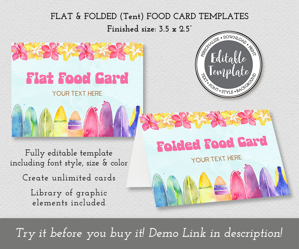 Beach and surfer theme birthday flat and folded food card templates with pink and yellow tropical flowers and surf boards.