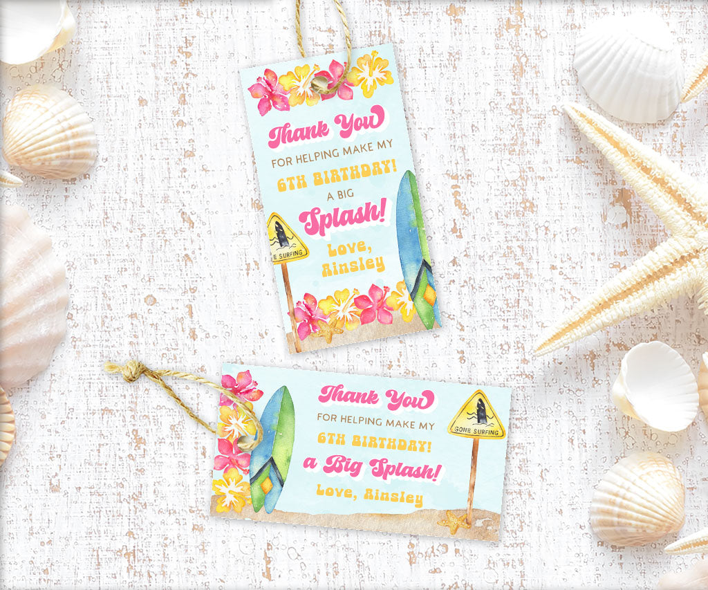 Beach and surf birthday party favor tags in pink and yellow with tropical flowers, beach and surf board.