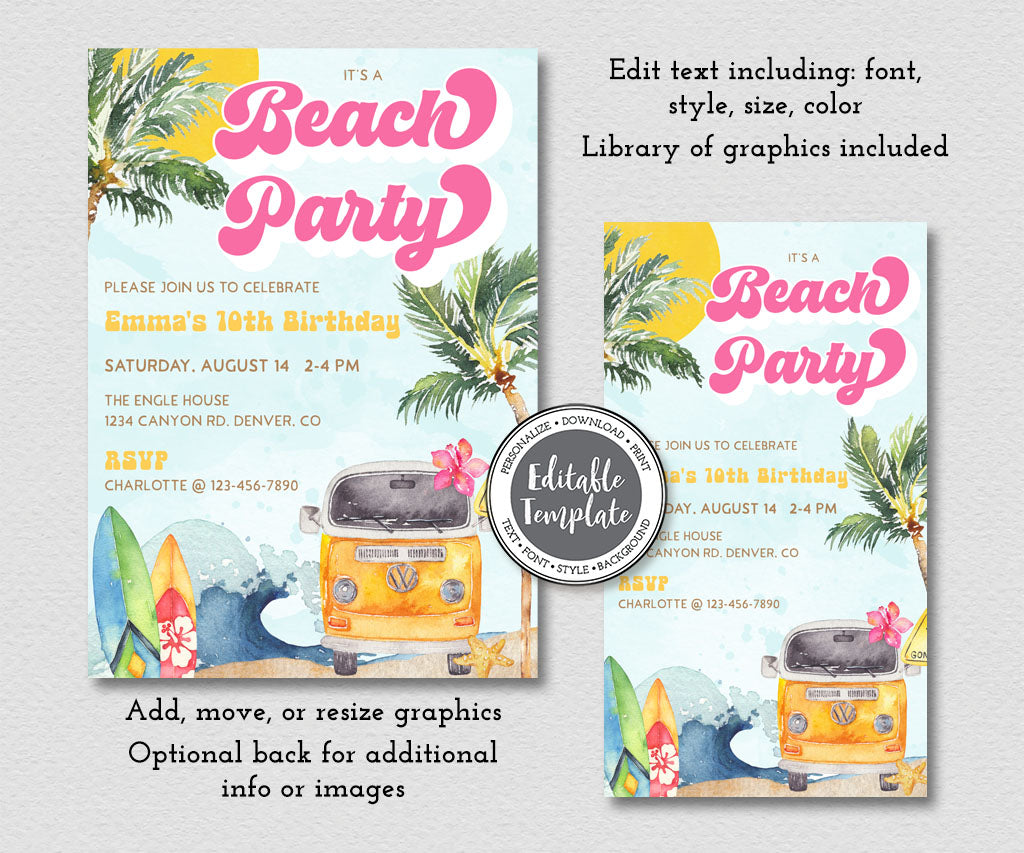 Beach and surf birthday party invitation template in pink, yellow and blue with surf boards, ocean waves, tropical trees and a retro beach van.
