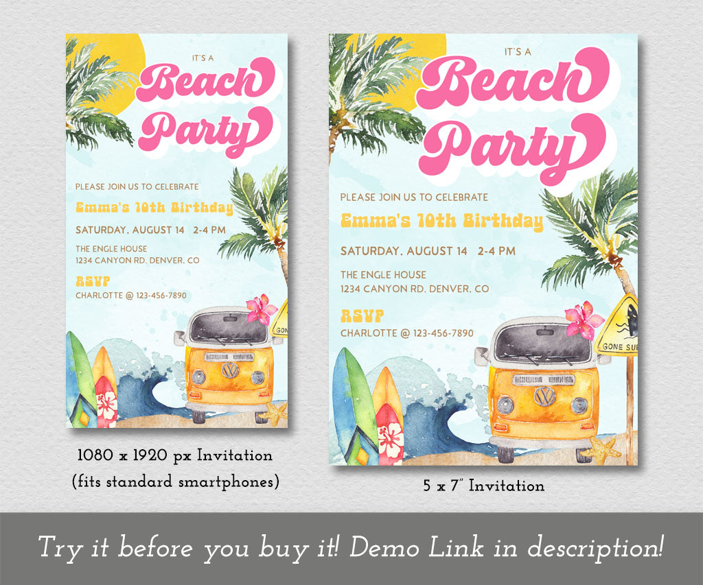 Beach and surf birthday party invitation and evite in pink, yellow and blue with surfboards, ocean waves and retro van.