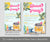 Beach and surf birthday party invitation and evite in pink, yellow and blue with surfboards, ocean waves and retro van.