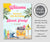 Beach and surf theme birthday party welcome sign template in pink, yellow and blue with ocean waves, surf boards, beach van and tropical trees.