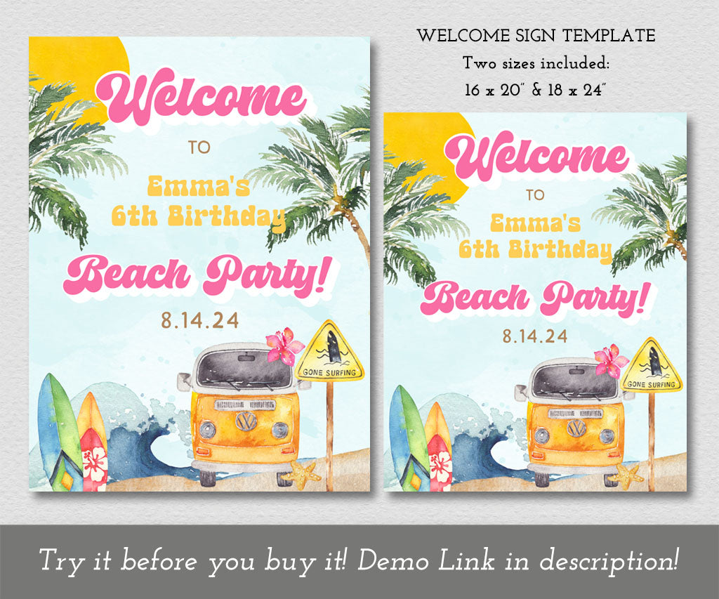 Beach and surf theme birthday party welcome signs in pink, yellow and blue with ocean waves, surf boards, beach van and tropical trees.