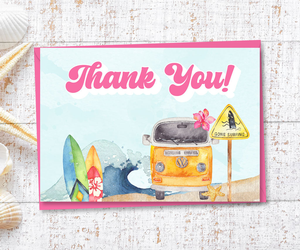Beach and surf birthday thank you card with pink text, ocean waves, tropical flowers, surf boards, sand and a retro beach van.