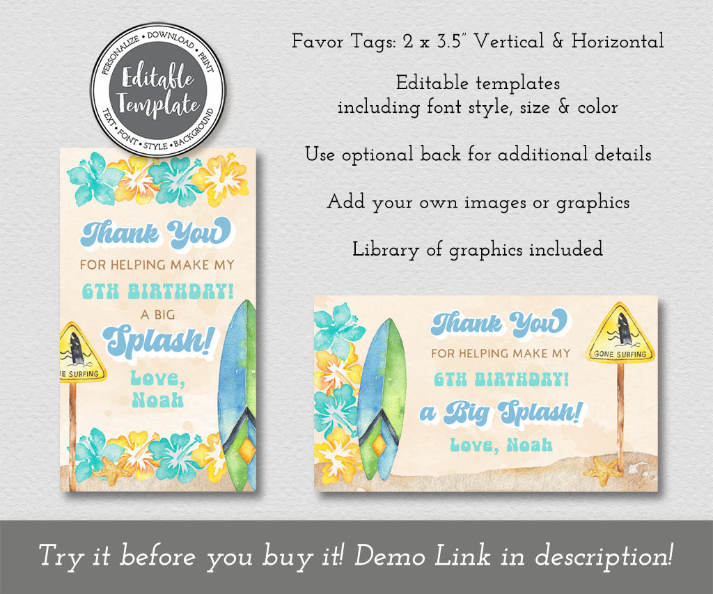 Beach surfer birthday favor tag editable templates in teal blue and yellow with tropical flowers and surf boards.