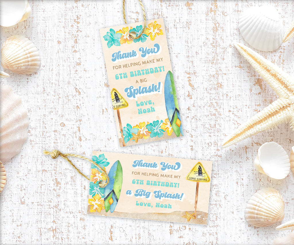 Beach surfer birthday favor tags in teal blue and yellow with tropical flowers and surf boards.