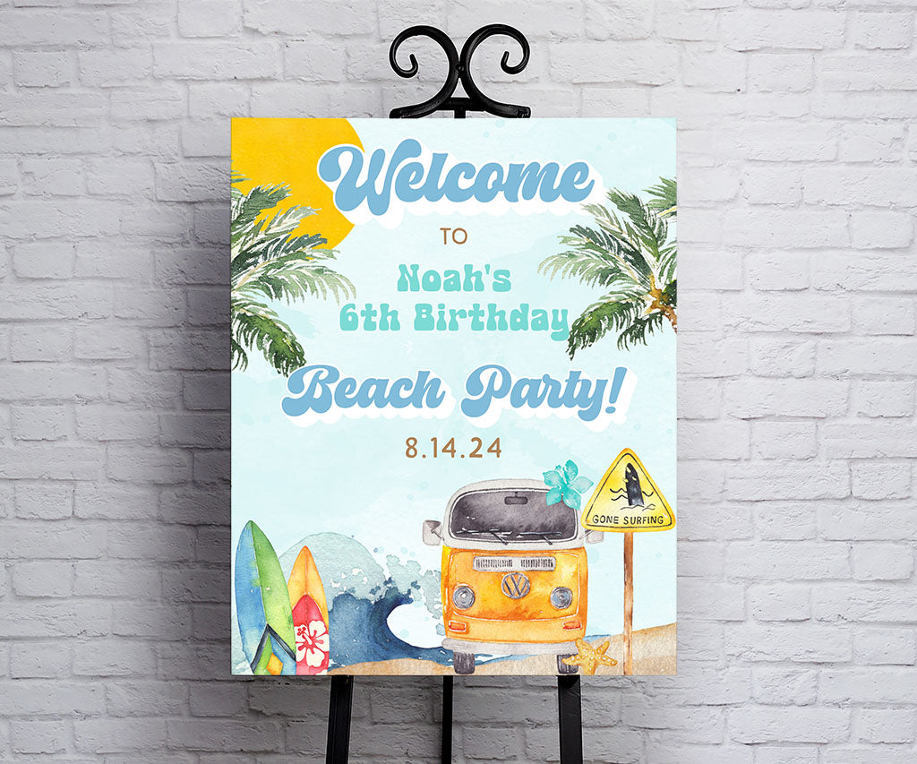Beach surfer birthday welcome sign in blue, yellow and teal with ocean waves, surf boards, retro beach van and tropical trees.