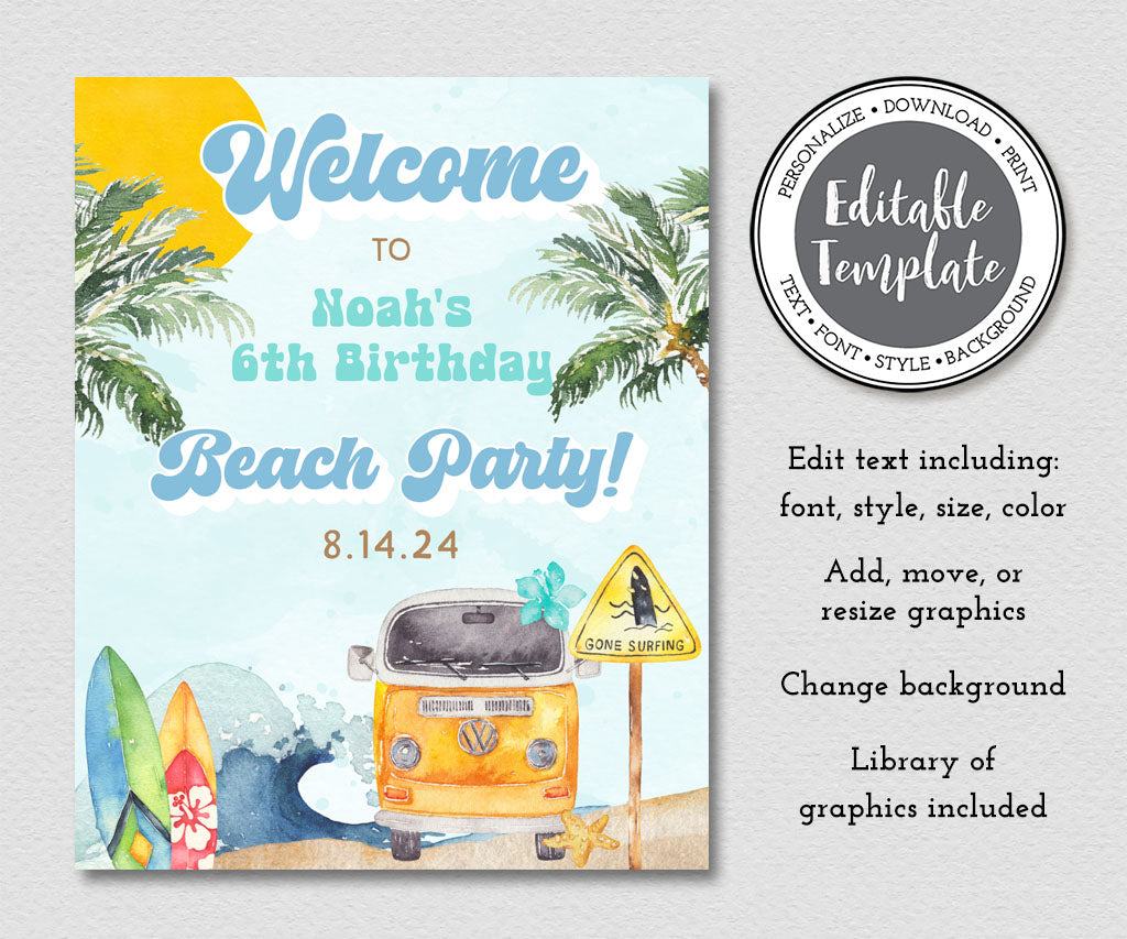 Beach surfer birthday welcome sign template in blue, yellow and teal with ocean waves, surf boards, retro beach van and tropical trees.