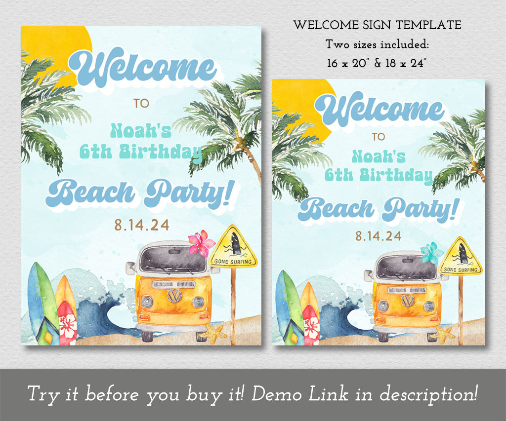 Beach surfer birthday welcome signs in blue, yellow and teal with ocean waves, surf boards, retro beach van and tropical trees.