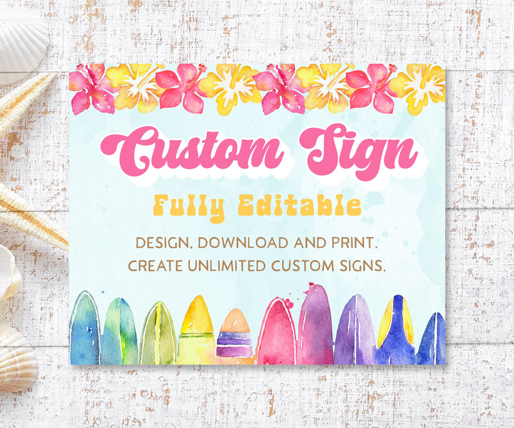 Beach theme birthday custom sign with pink and yellow tropical flowers and surf boards.