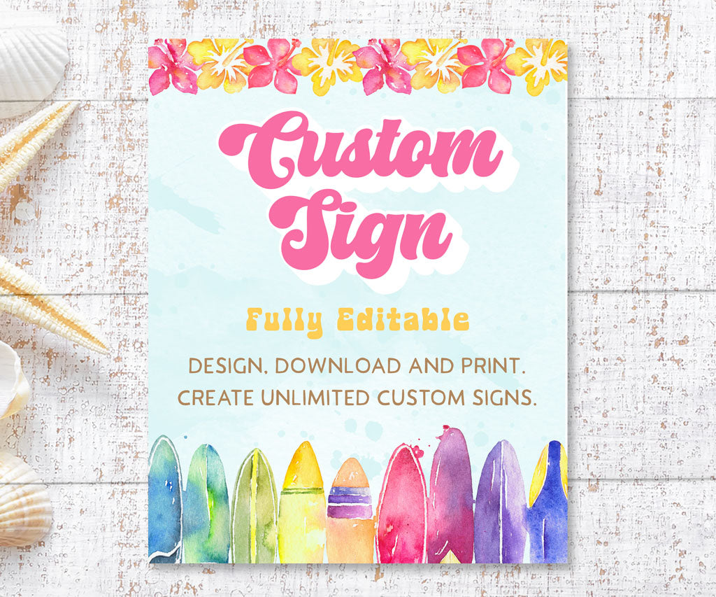 Beach theme birthday 8 x 10 portrait custom sign with pink and yellow flowers and colorful surfboards.