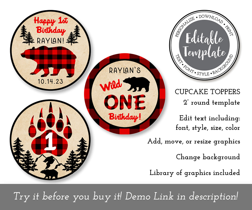 Wild ONE buffalo plaid cupcake toppers with bears and bear paws editable templates.