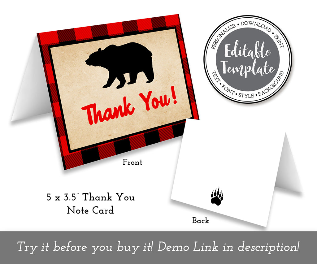 lumberjack buffalo plaid bear folded thank you card front and back