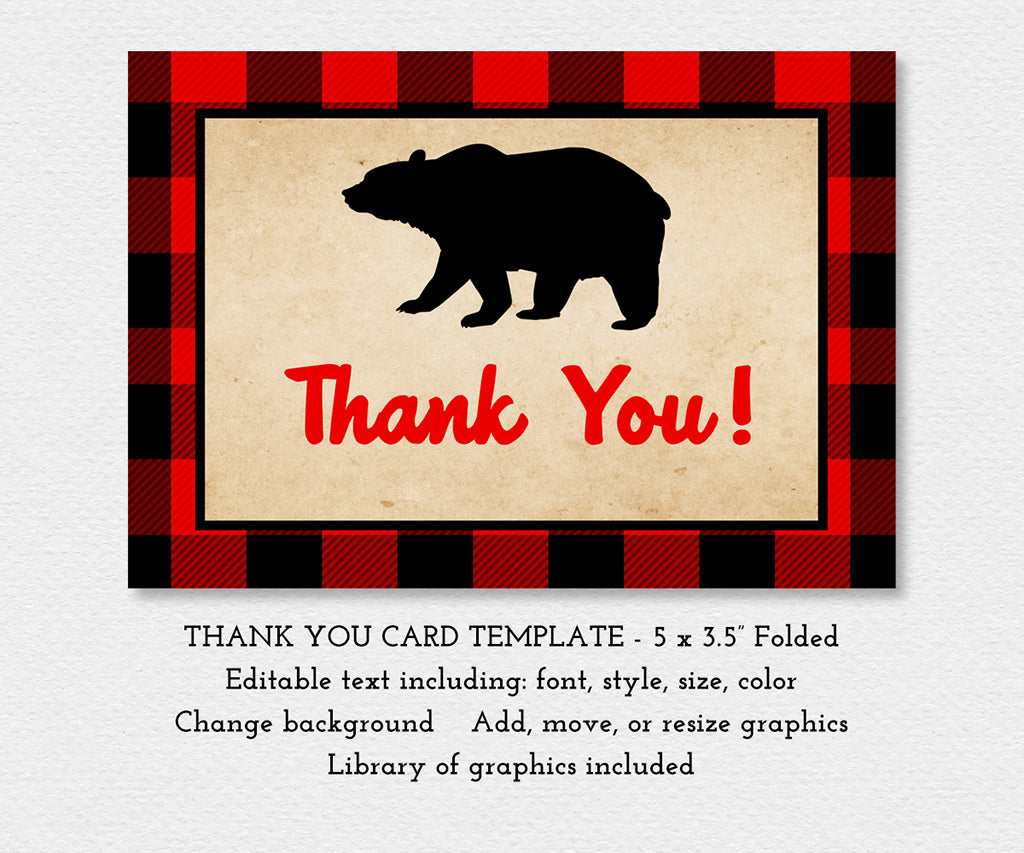 Buffalo plaid bear thank you card editable template.