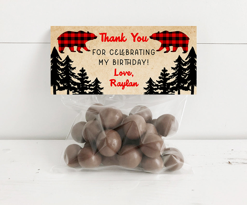 Bear woodland buffalo plaid birthday treat bag topper.
