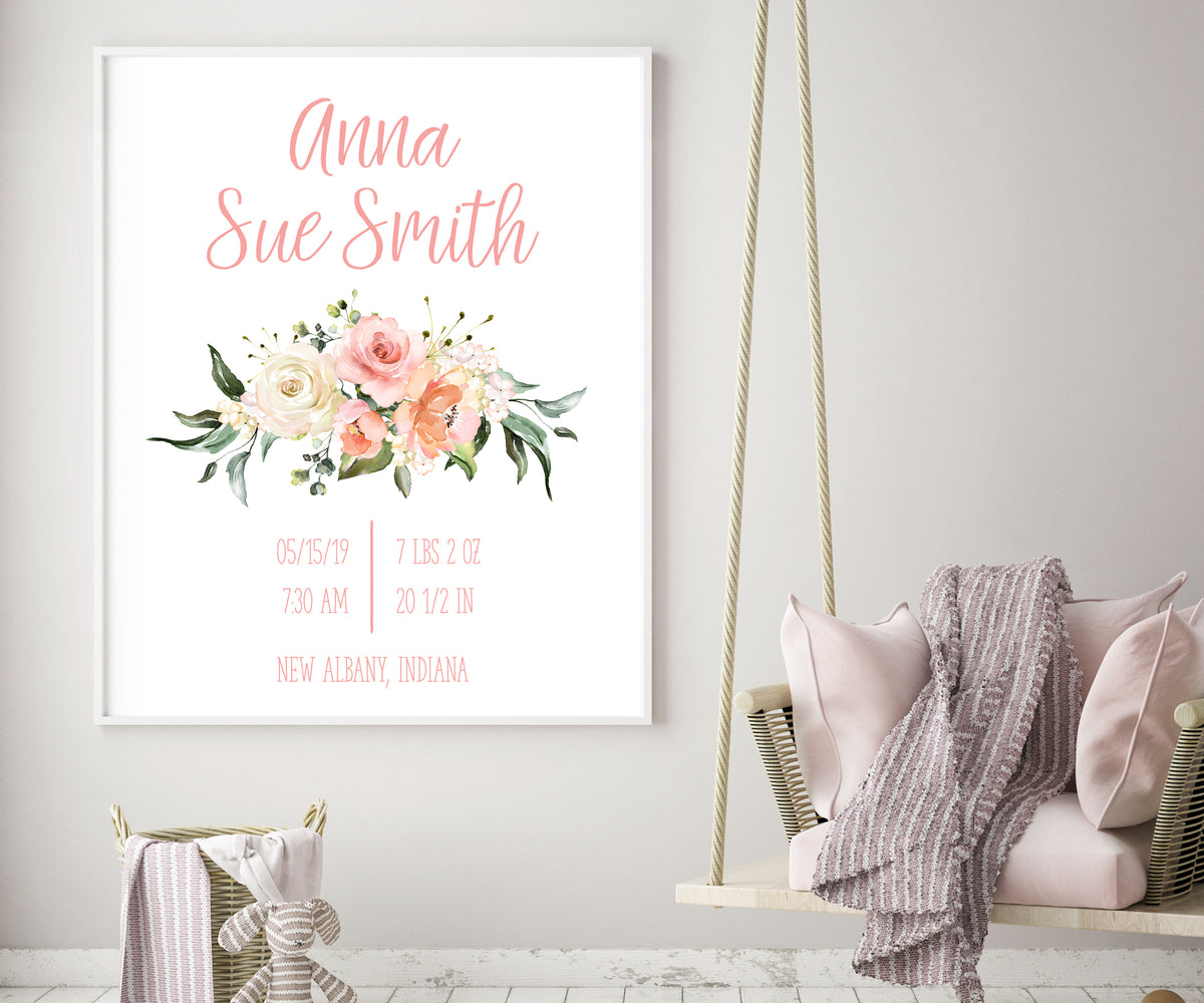 pink and white floral birth stats nursery wall art