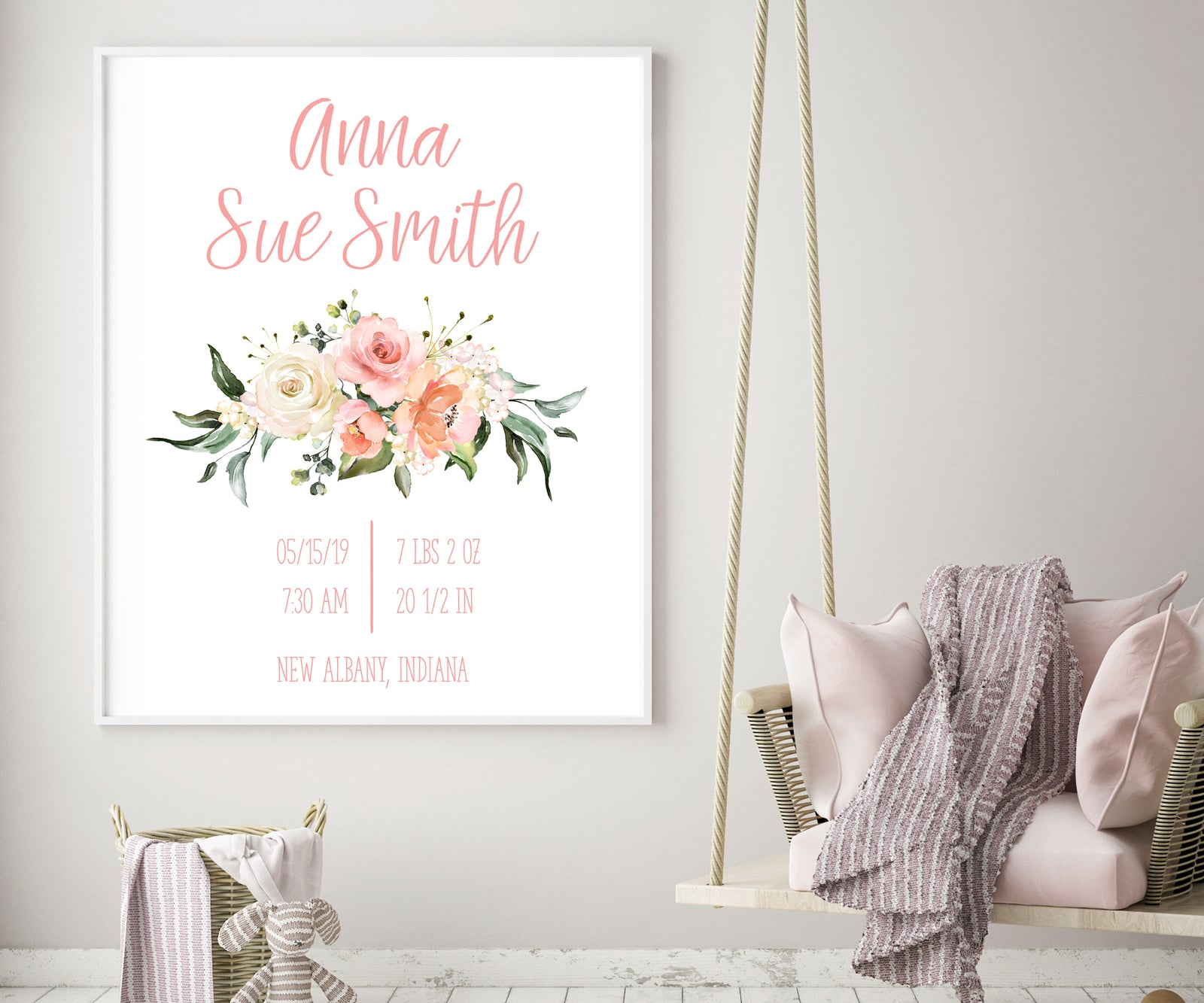 pink and white floral birth stats nursery wall art