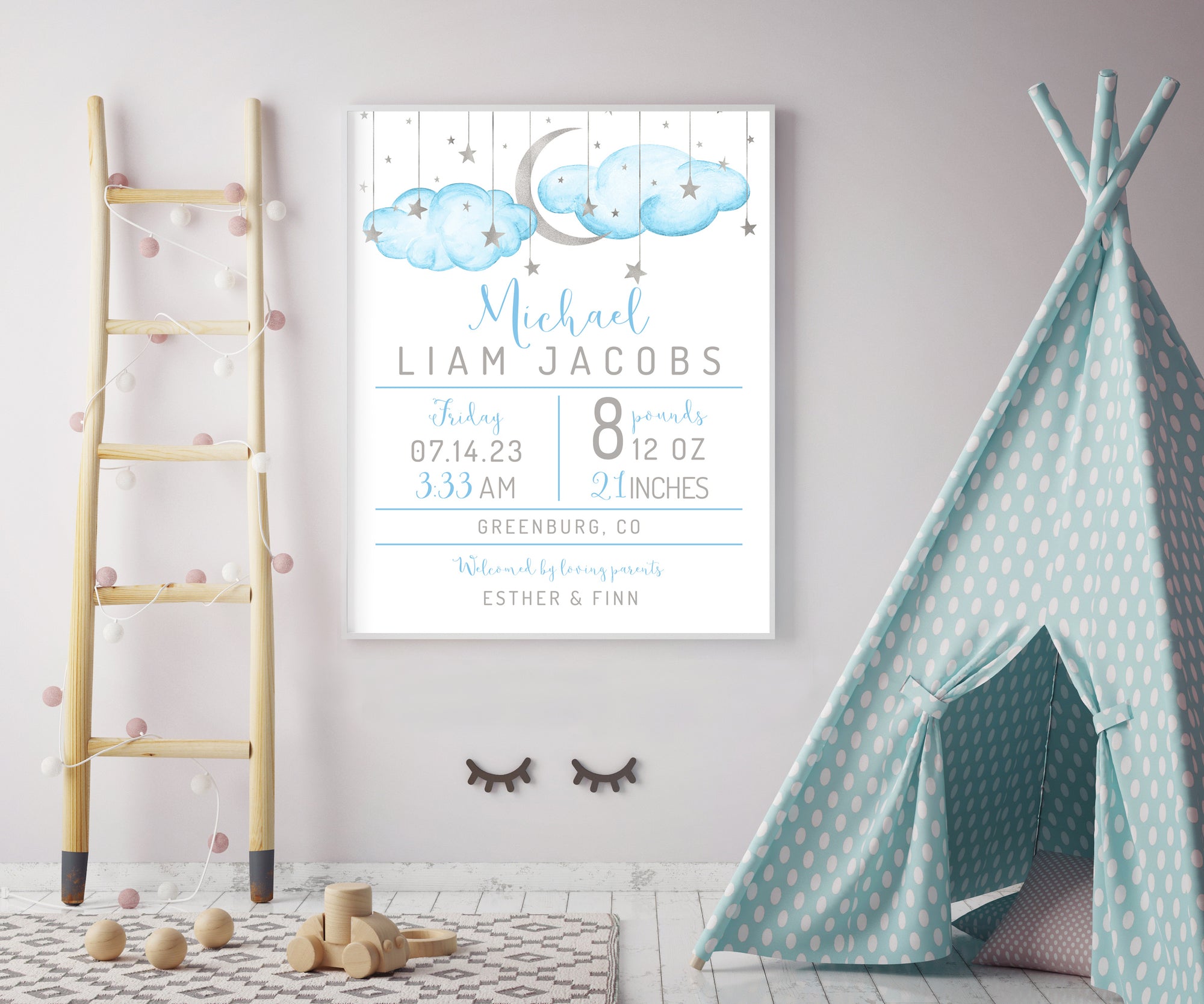 birth stats nursery wall art poster with blue clouds, silver moon and stars with baby's birth details