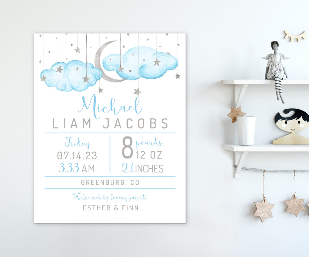 birth stats nursery wall art sign with blue clouds, silver moon and stars with baby's birth details