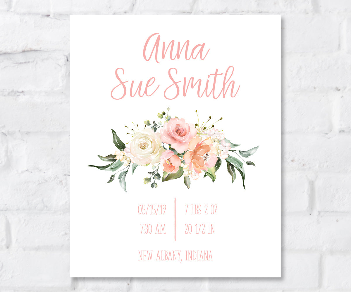 pink and white floral birth stats sign