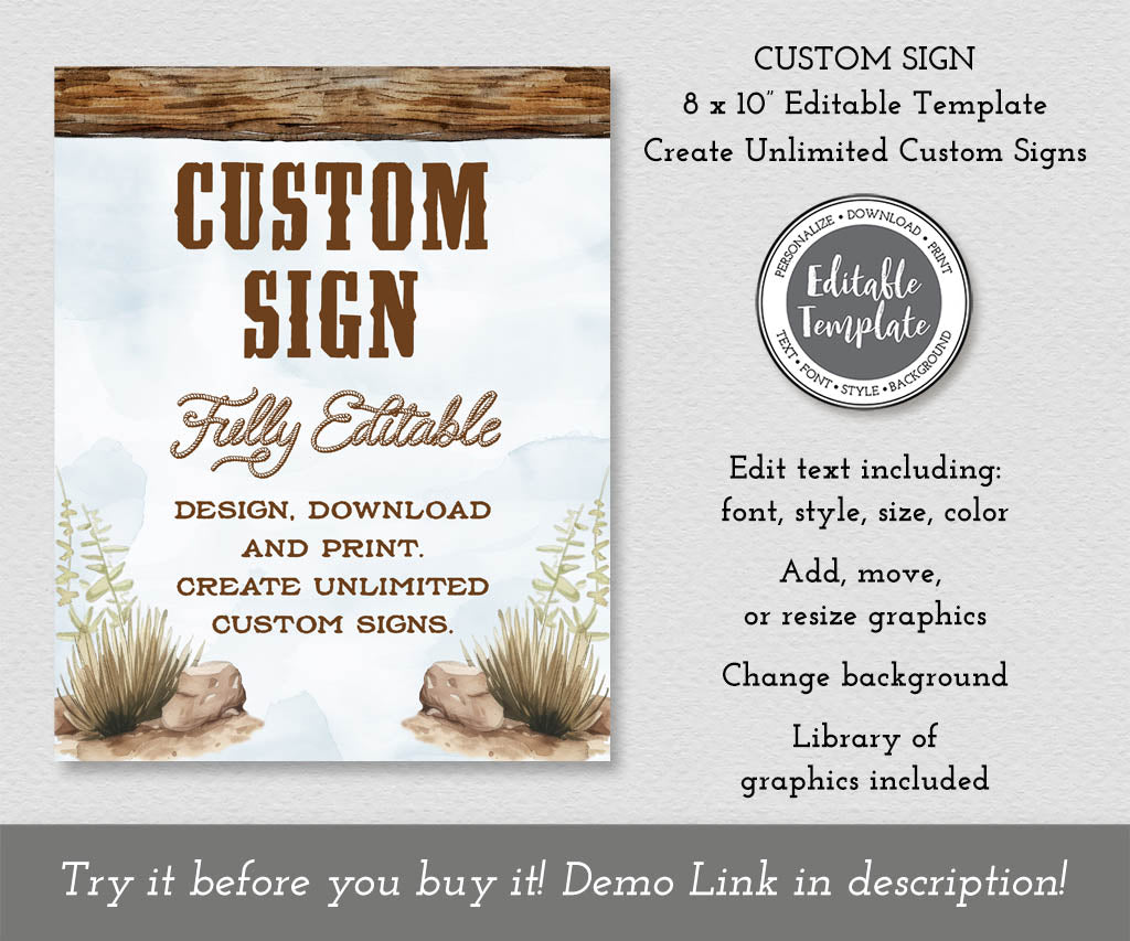 Blue and brown cowboy first rodeo birthday 8x10 portrait custom sign with western fonts, editable template.
