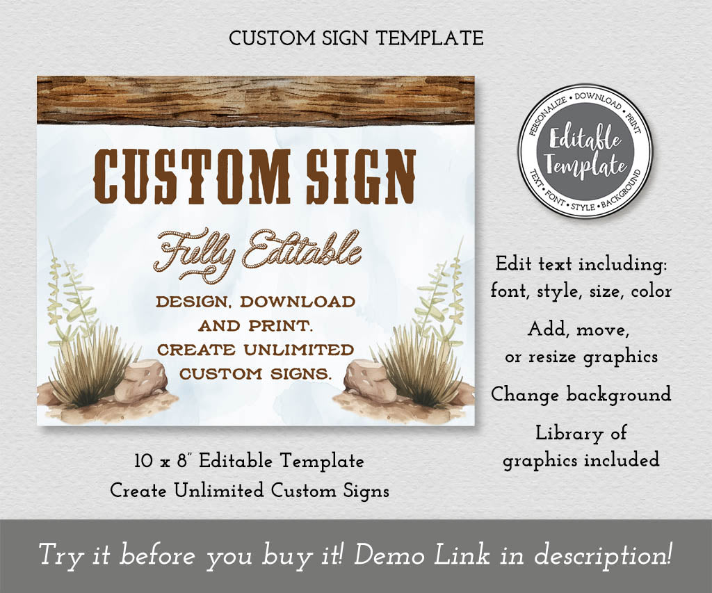 Blue and brown western style 10x8 custom sign editable template for a first rodeo cowboy birthday.