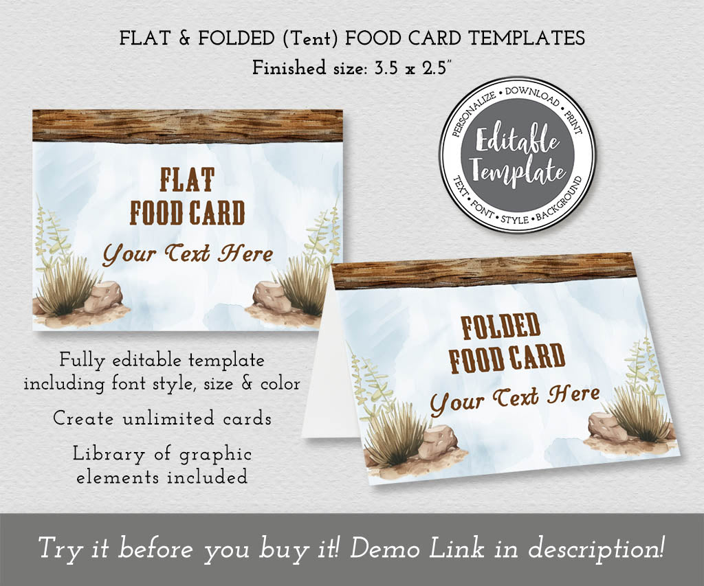 Blue and brown western birthday flat and folded food label and tent card editable templates.