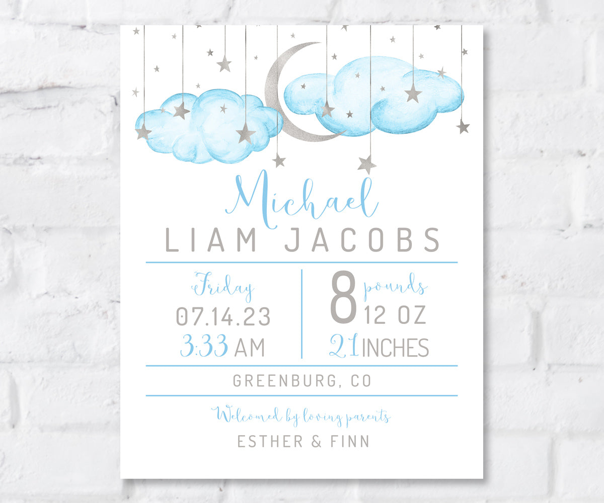 birth stats print with blue clouds, silver moon and stars with baby&#39;s birth details