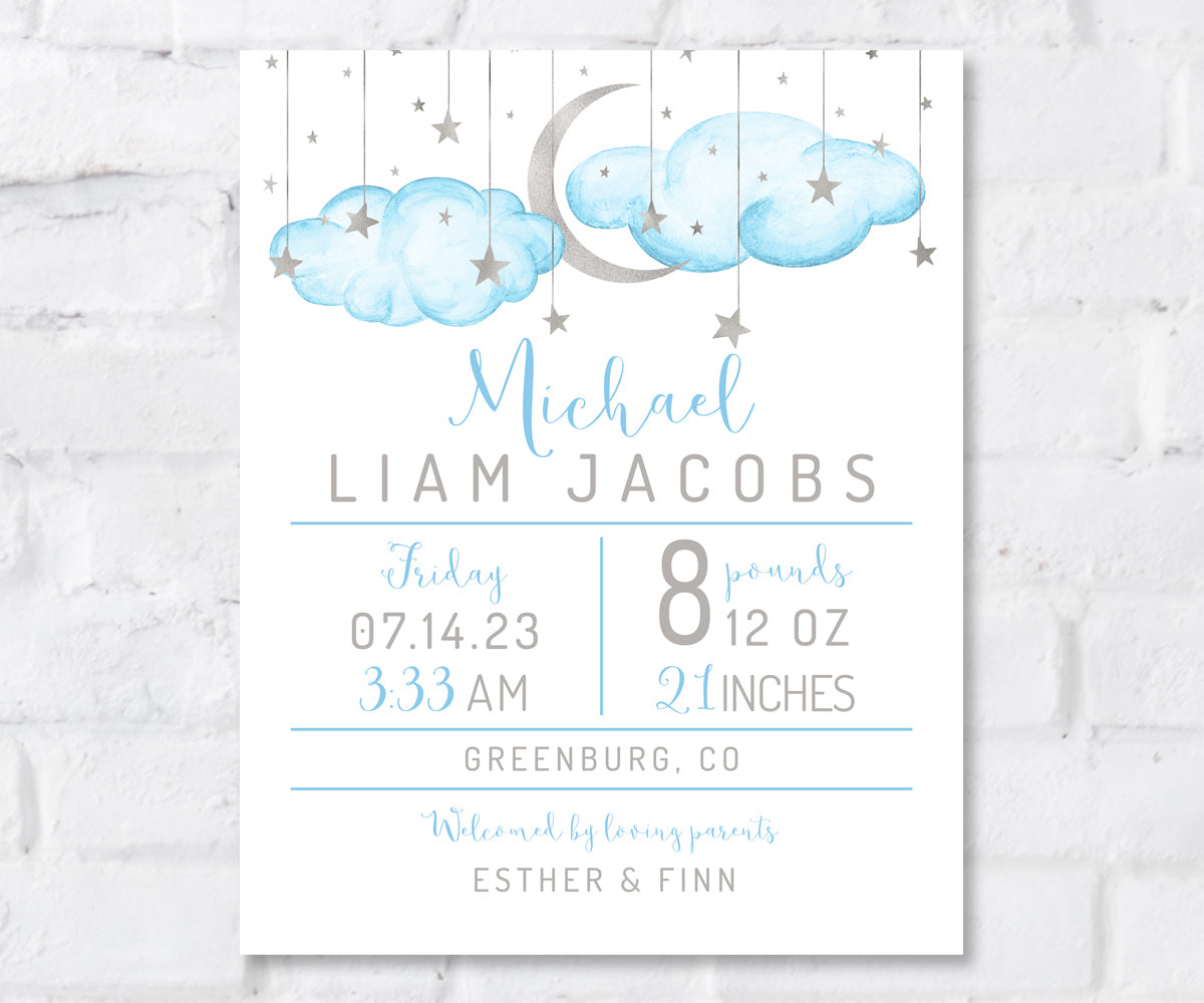 birth stats print with blue clouds, silver moon and stars with baby's birth details