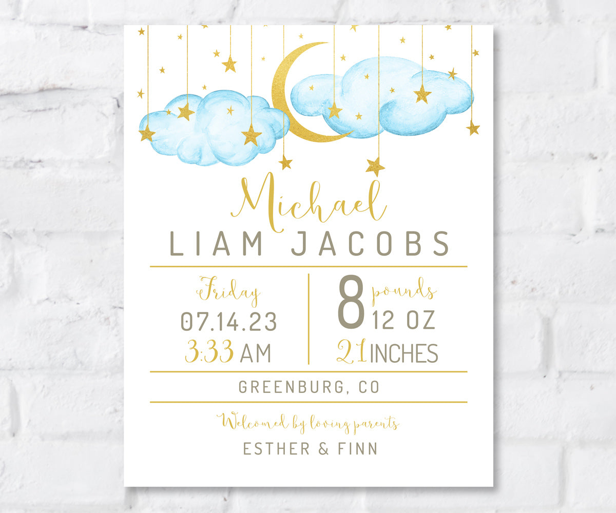 birth stats print with blue clouds, gold moon and stars