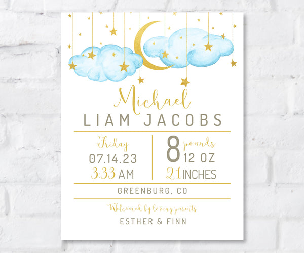 birth stats print with blue clouds, gold moon and stars