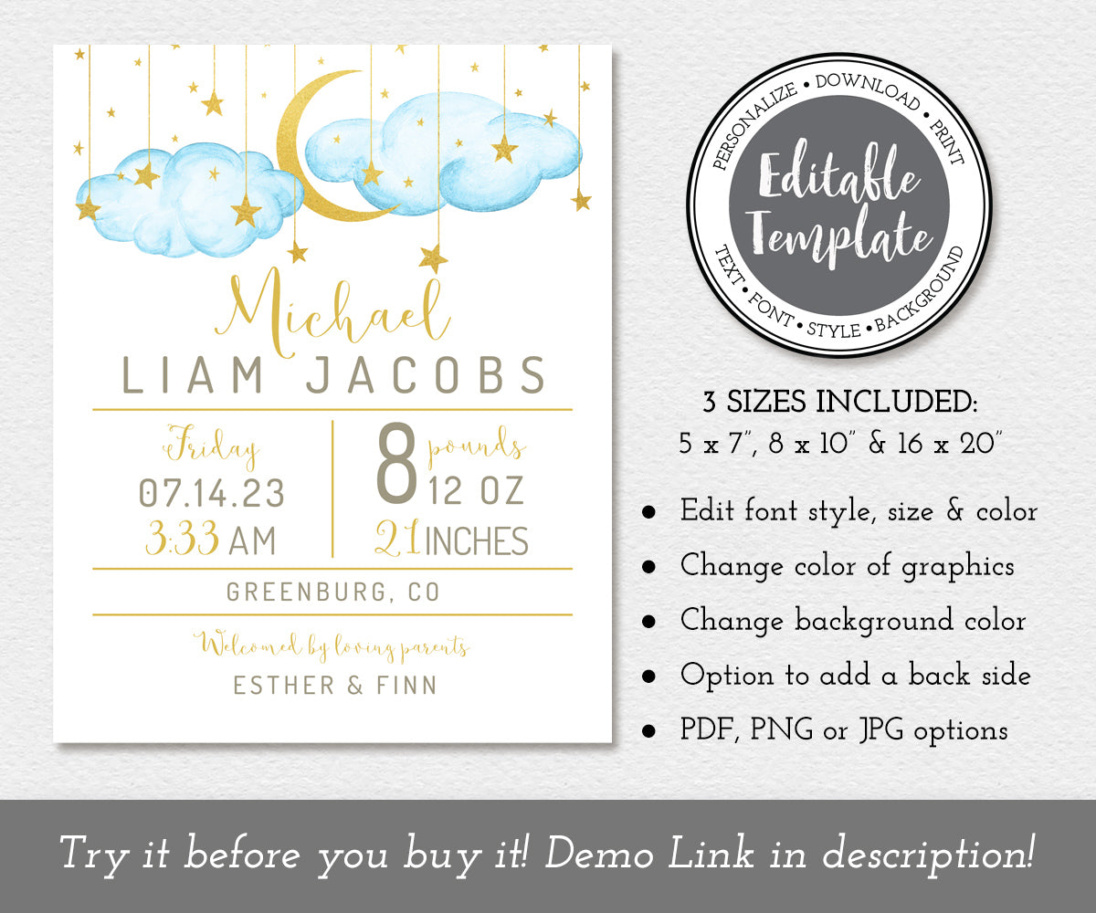birth stats editable template with blue clouds, gold moon and stars
