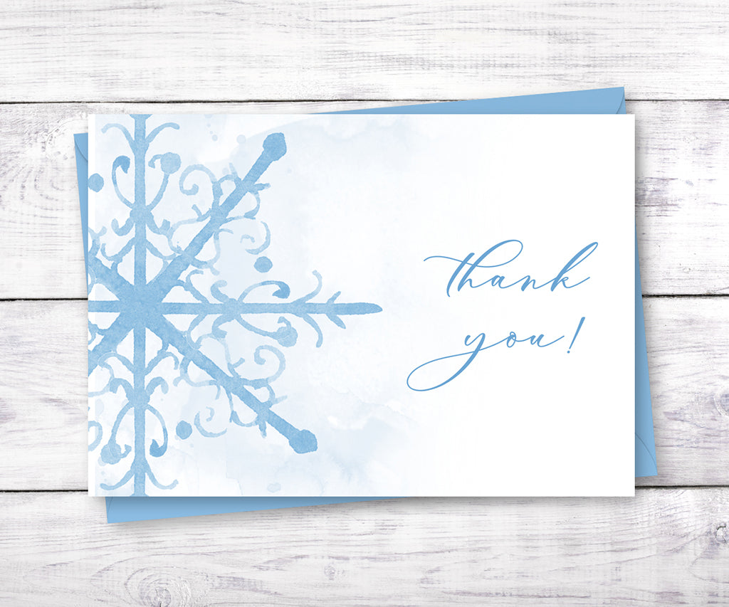 Blue snowflake baby shower thank you card.