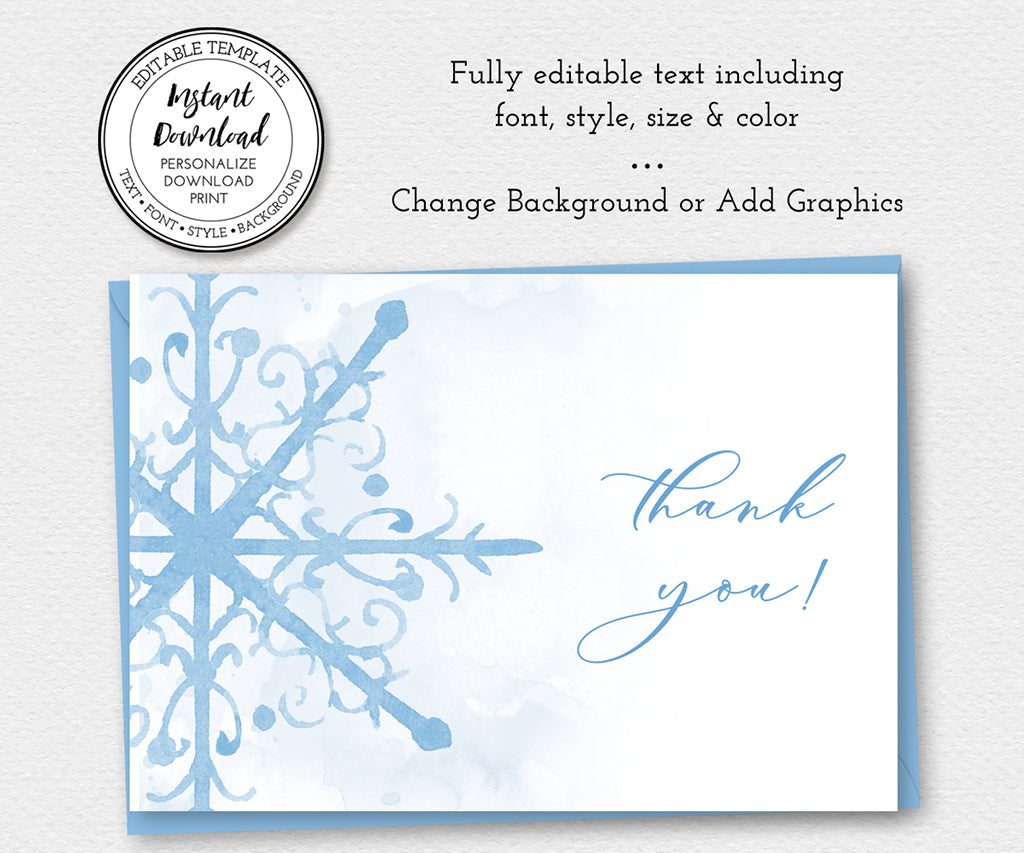 Blue snowflake baby shower thank you card template.