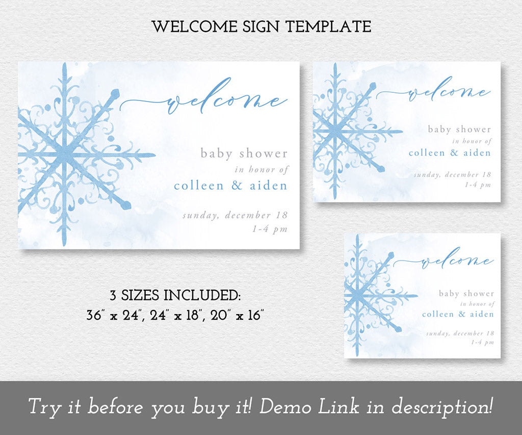 Blue snowflake winter baby shower welcome sign template in 3 sizes.