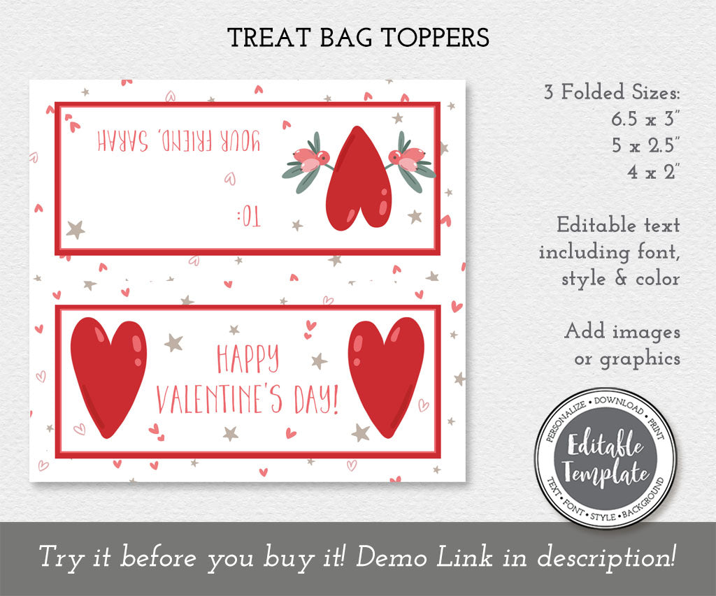 Boho hearts happy valentines day treat bag topper editable template.