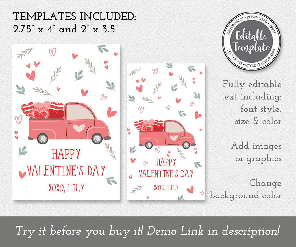 Boho truck with hearts Valentine's Day rectangle gift tag templates.