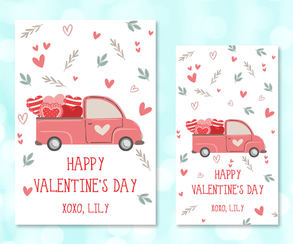 Boho truck Valentine&#39;s Day rectangle gift tag.