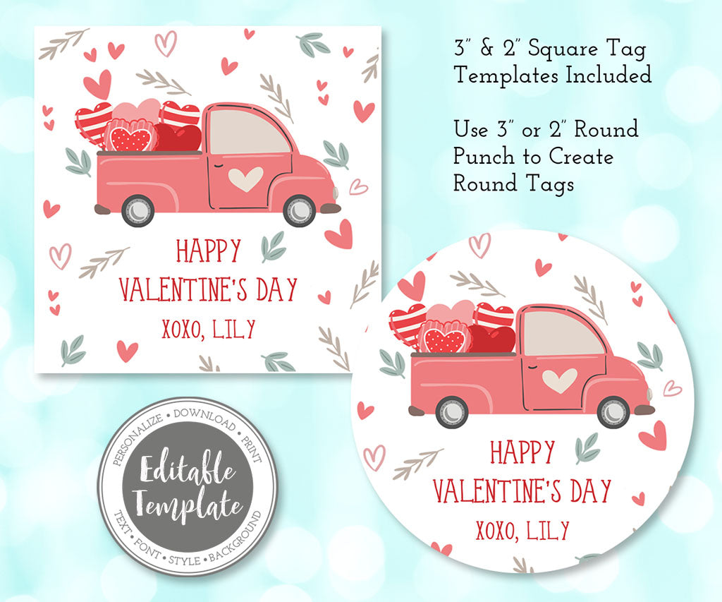 Boho Valentine truck square and round gift tag templates.