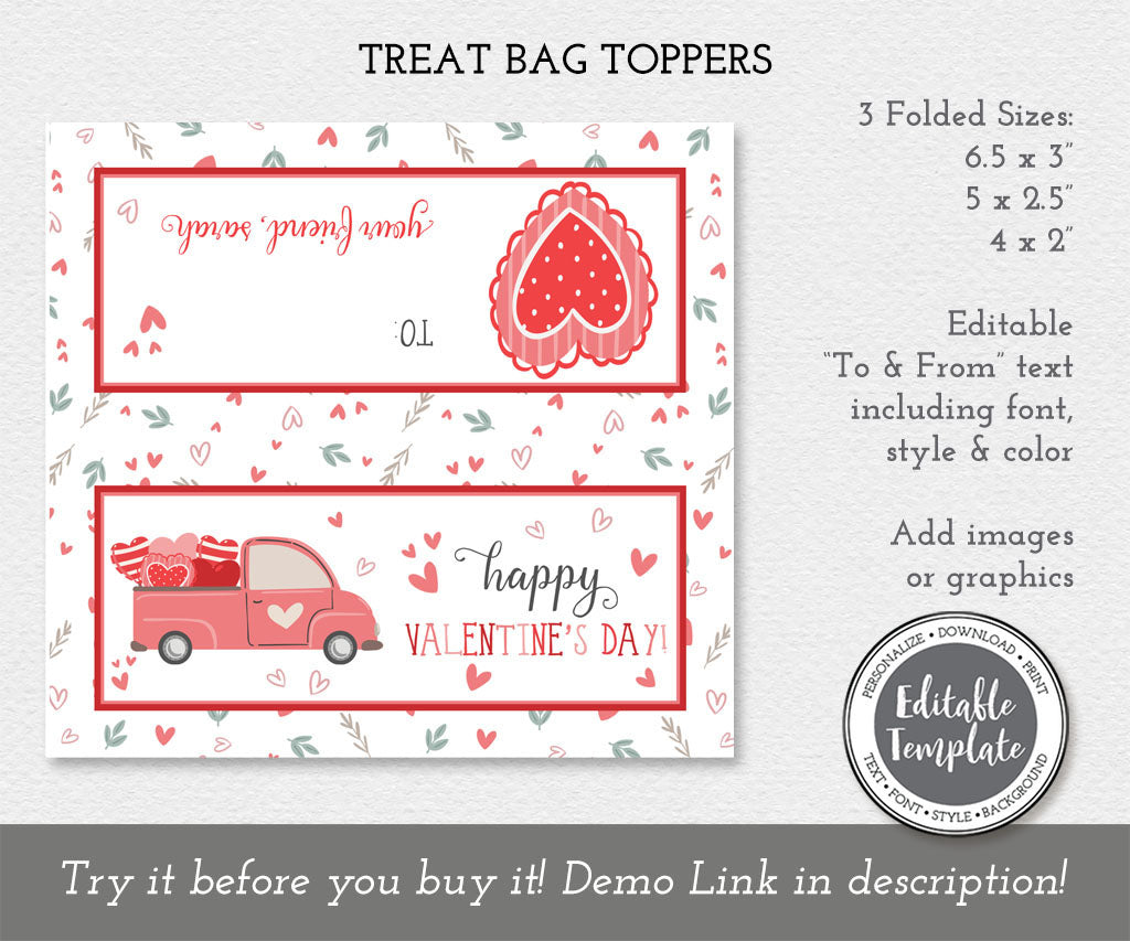 Boho vintage truck Valentine treat bag topper editable template.