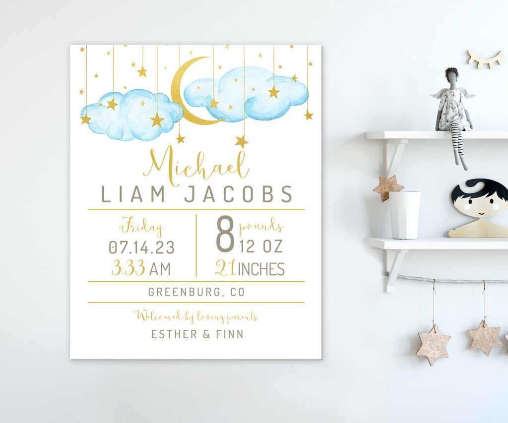 birth stats nursery art print with blue clouds, gold moon and stars