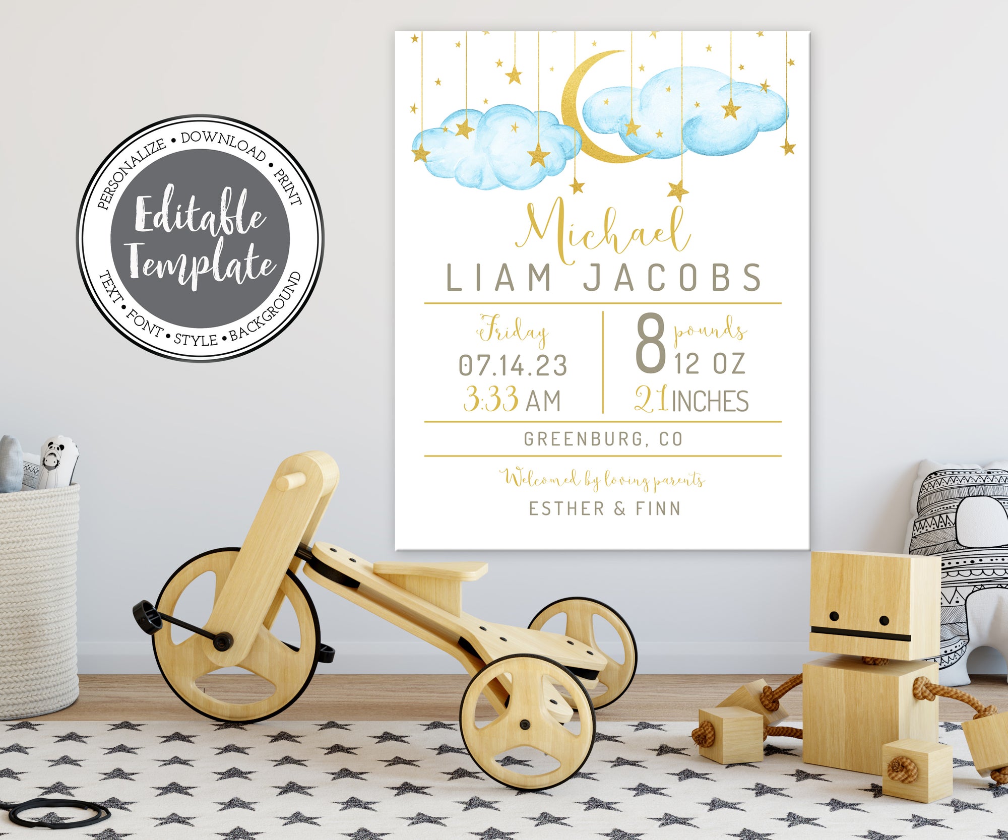 birth stats nursery wall art with blue clouds, gold moon and stars