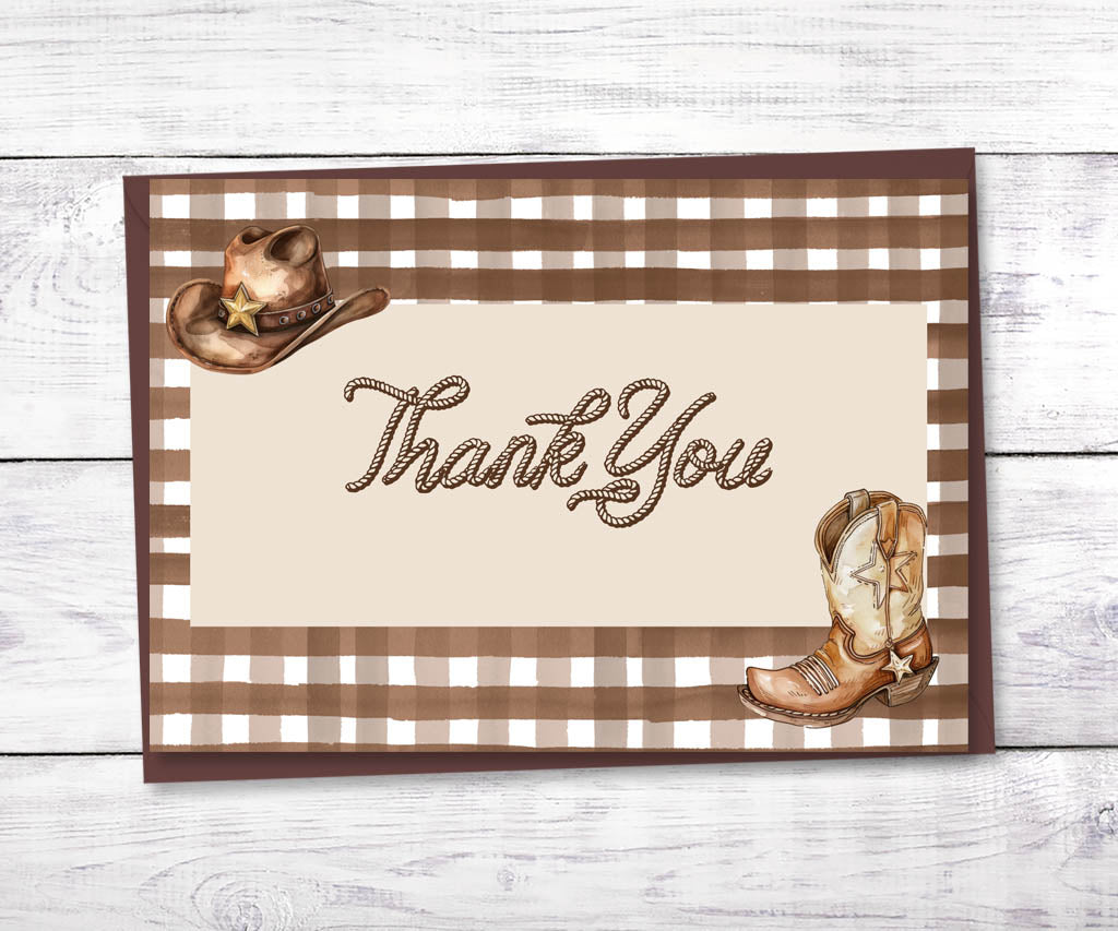Brown and tan cowboy birthday thank you card with gingham, cowboy hat and cowboy boot with western style rope font.