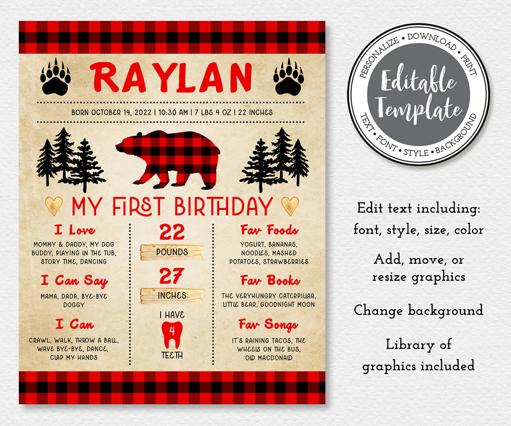 lumberjack buffalo plaid milestone first birthday sign editable template