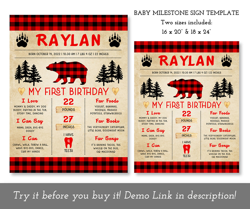 Buffalo plaid first birthday milestone signs- 16x20 & 18x24 templates.