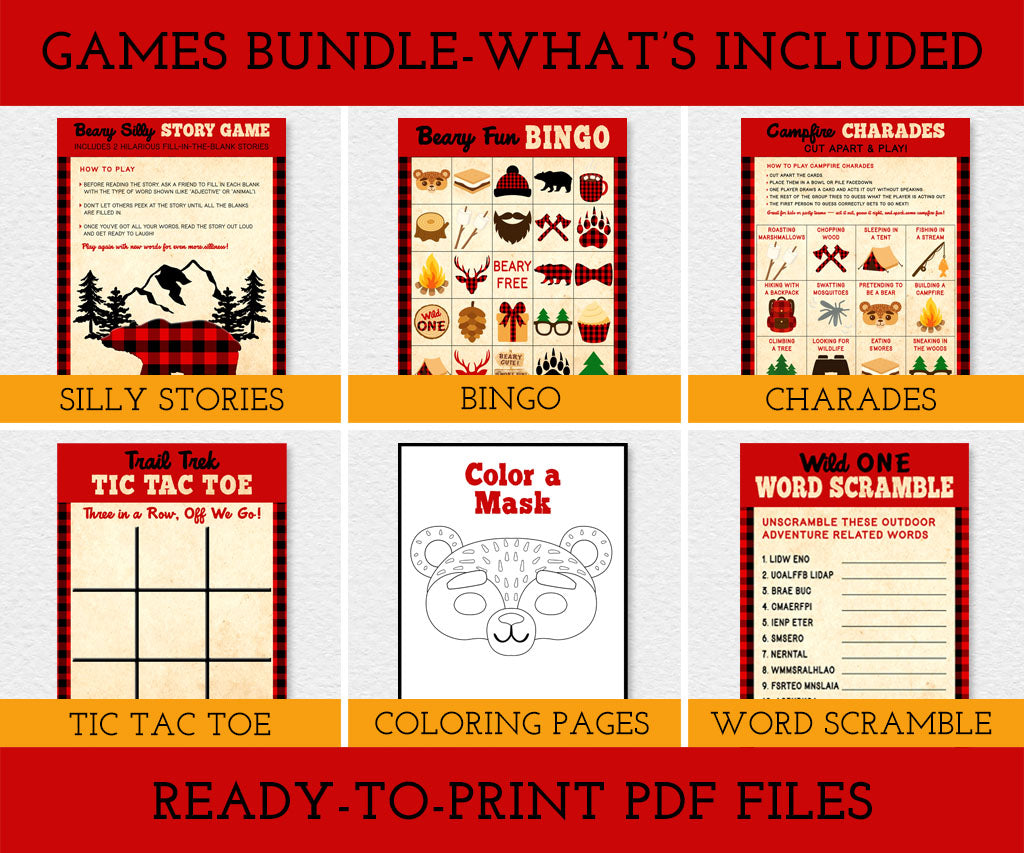 Printable games bundle with Silly Stories, Bingo, Charades, Tic Tac Toe, Coloring Pages, and Word Scramble activities on a red background.