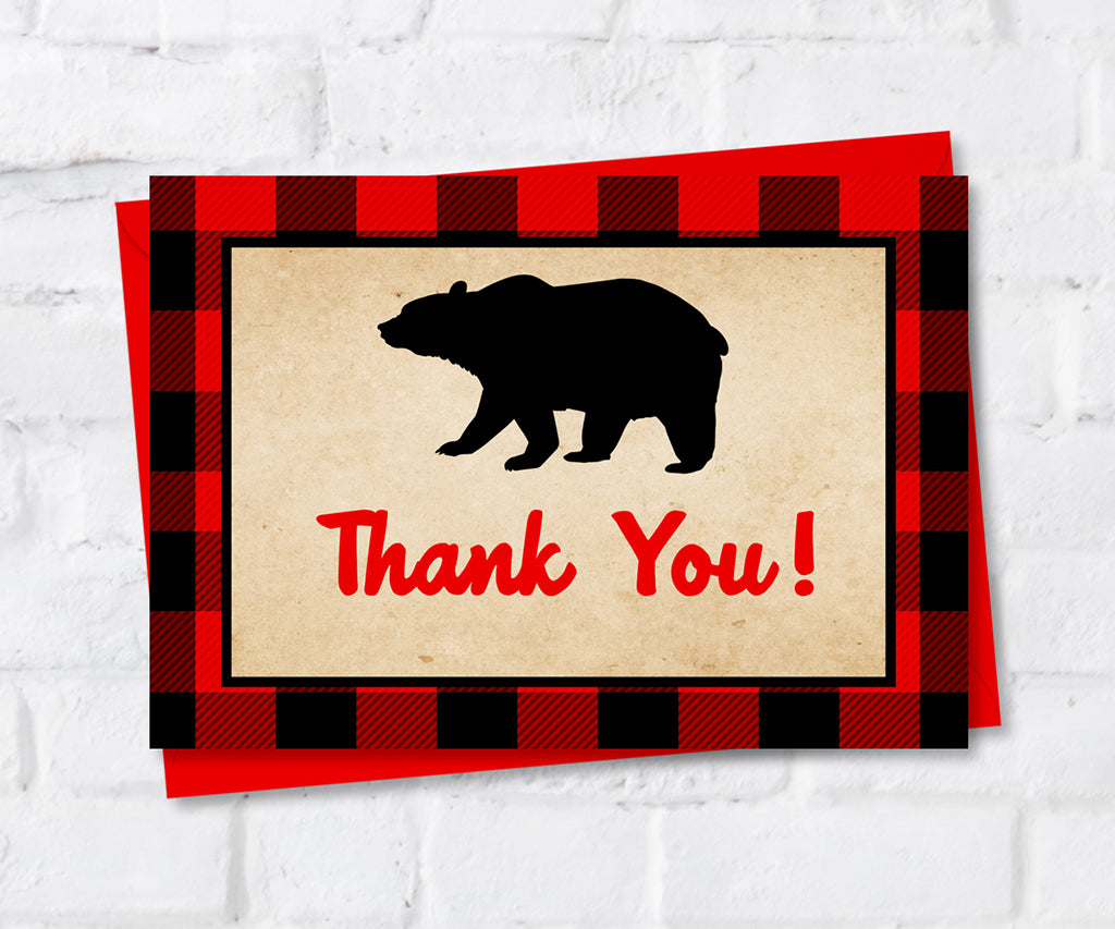 Buffalo plaid bear thank you card.
