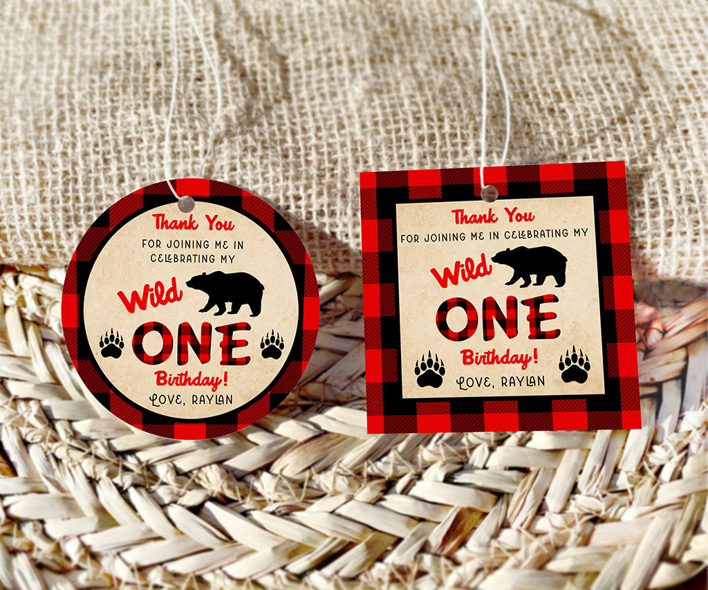 Lumberjack buffalo plaid wild one round and square birthday party favor tags.
