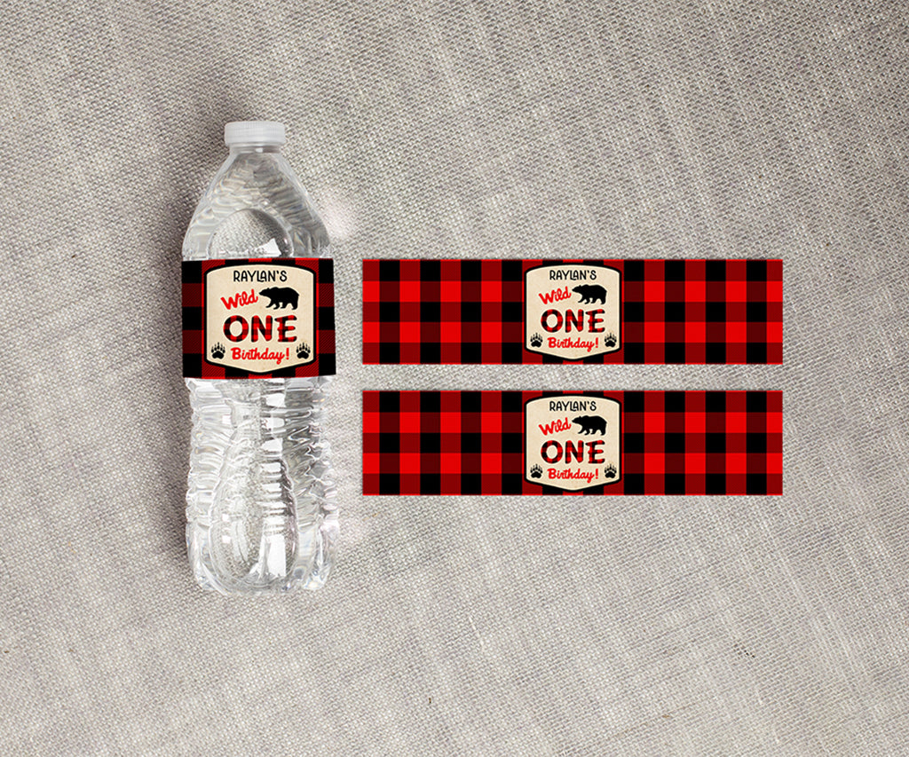 wild one buffalo plaid birthday water bottle wrappers.