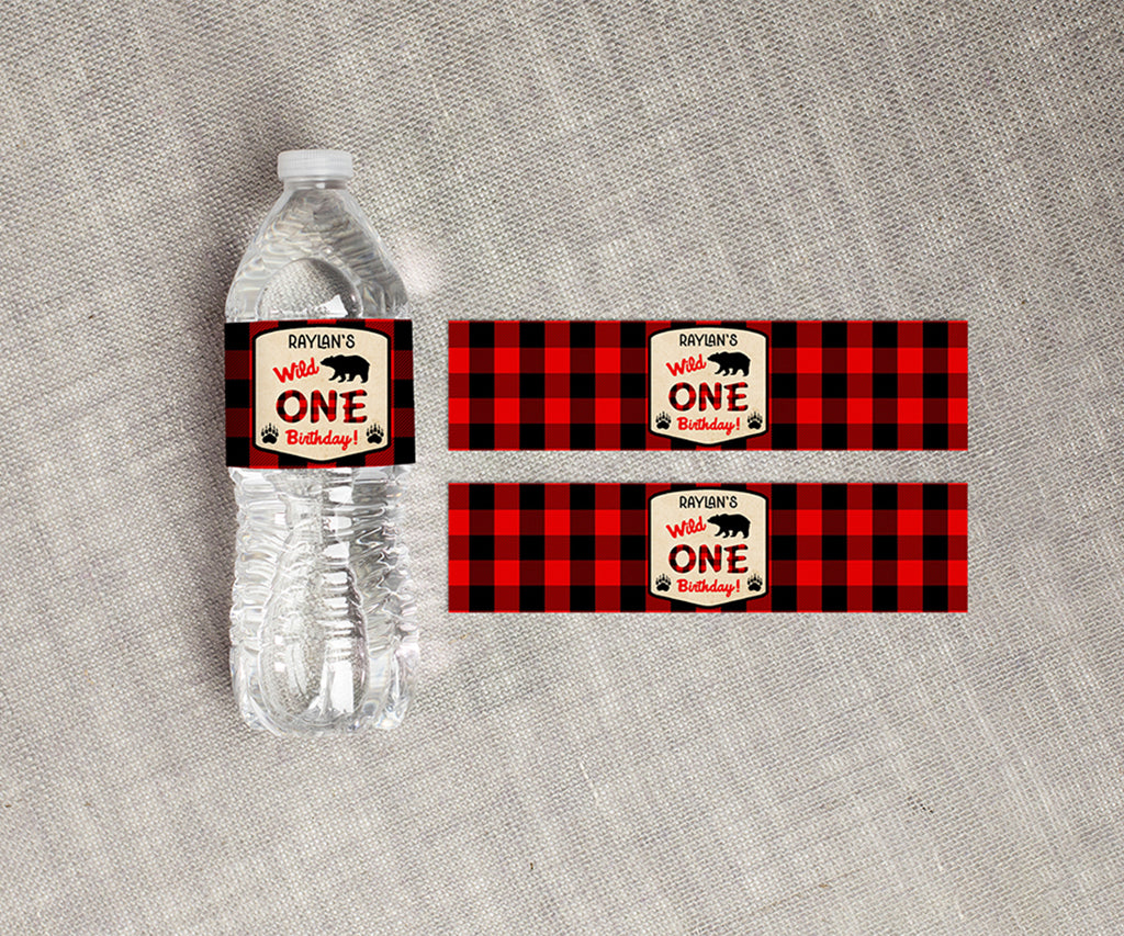 Wild one buffalo plaid birthday water bottle wrappers.